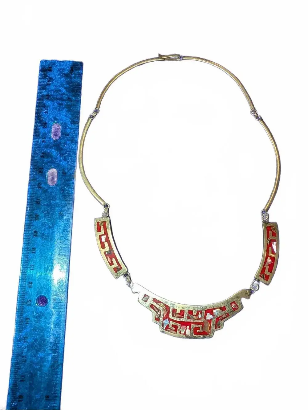 Vintage Alpaca Mexico Red Inlay Geometric Metal Necklace